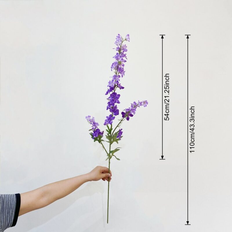 Silk delphinium flower bouquet arrangement displayed with size measurement.