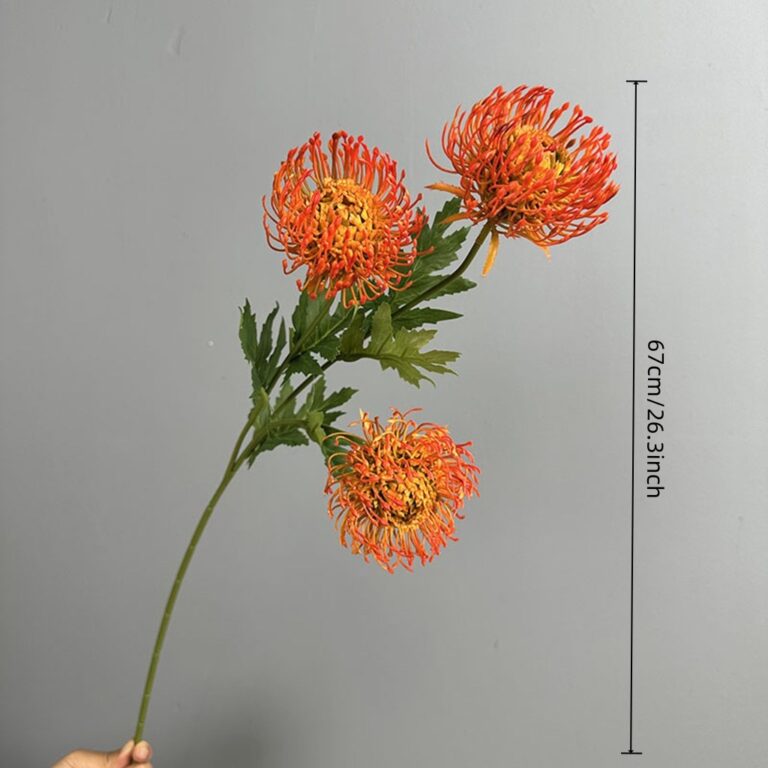 Three heads of realistic faux pincushion flowers perfect for wedding artificial flowers or home decor.