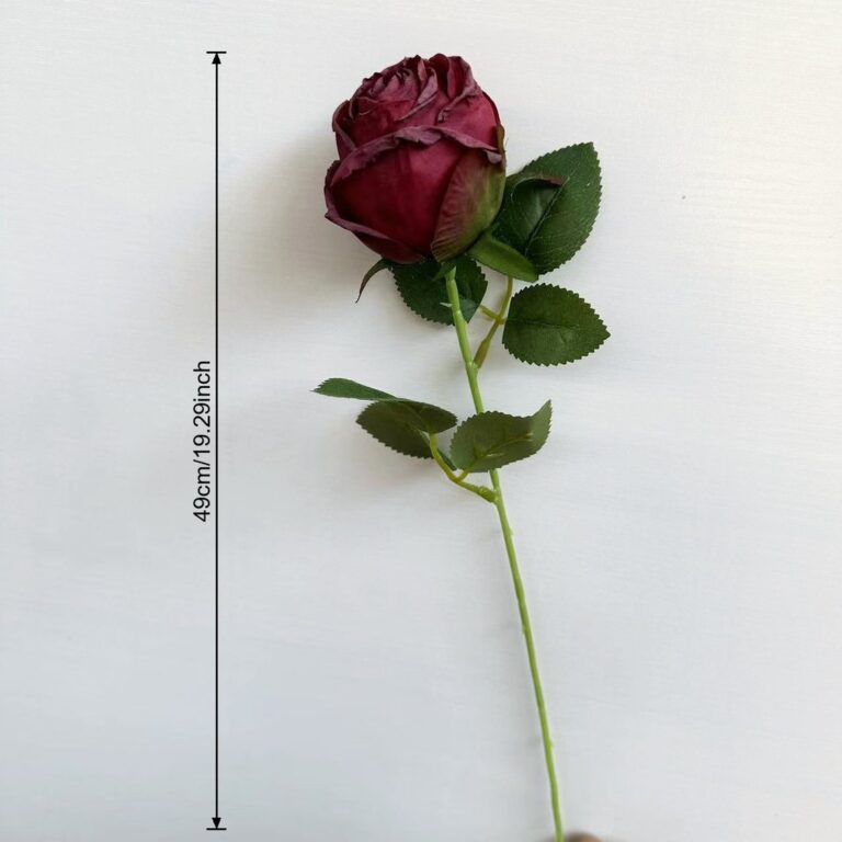 Artificial deep red silk rose with greenery stem decoration