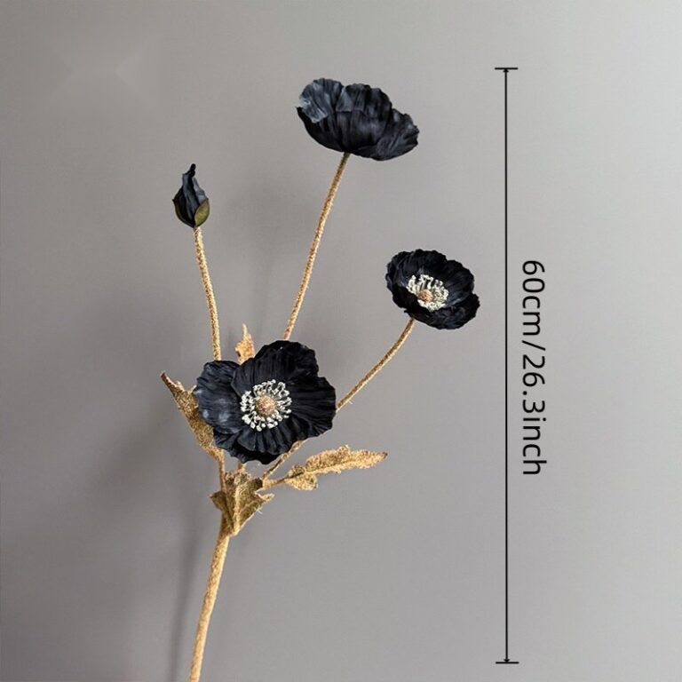 Artificial silk corn poppy bouquet featuring four dark blooms on a natural stem for home decor