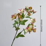 Silk eranthis stem with pink and cream blooms and green leaves, 55cm (21.65 inch) tall