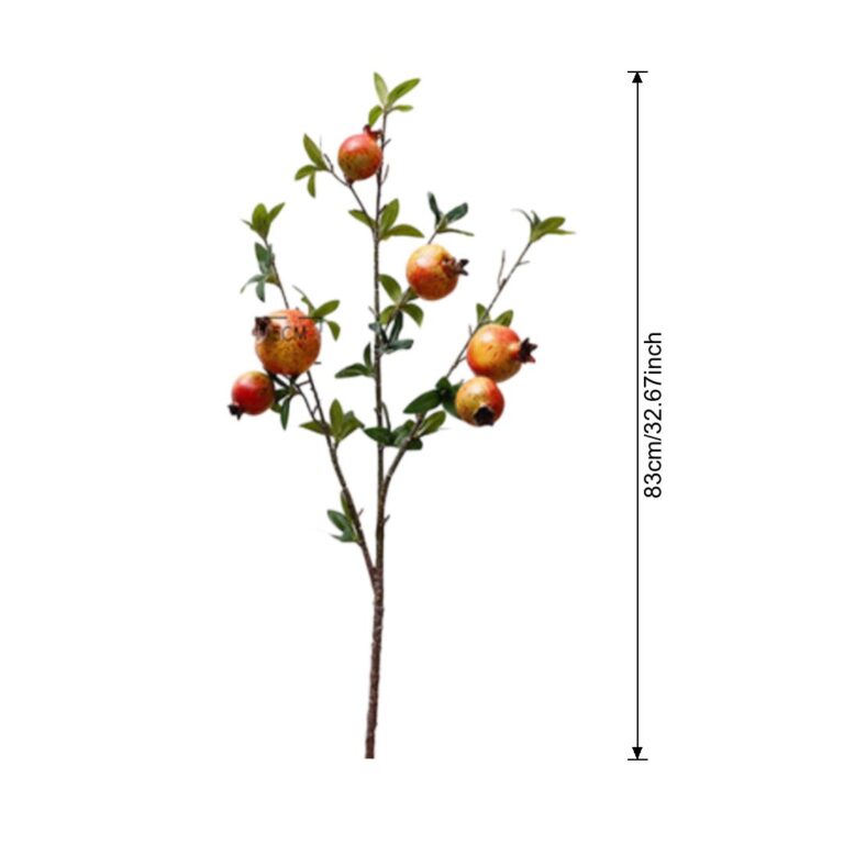 Artificial pomegranate spray branch with green foliage, ideal for faux floral arrangements and autumn decor.