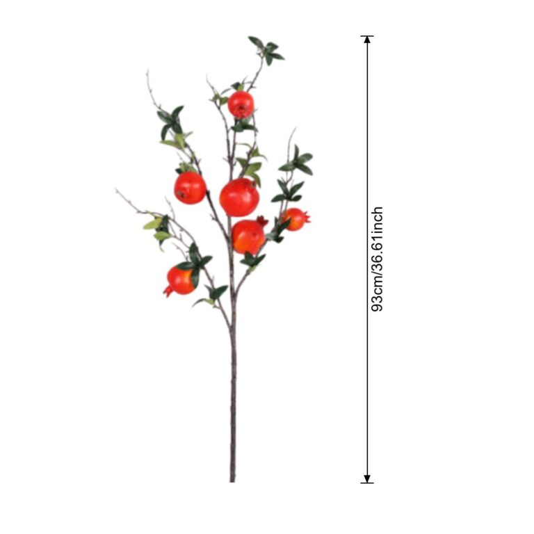 Faux pomegranate branch with lush green foliage accents for seasonal decoration.