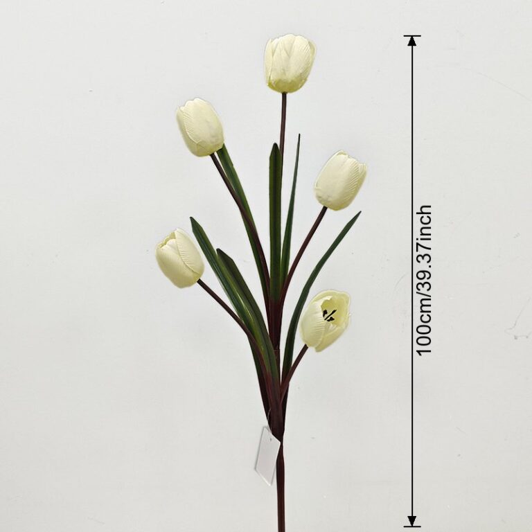 Silk tulip bouquet with five cream-colored artificial tulips, ideal for everlasting floral home decor.