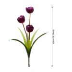 Artificial silk tulips of three heads in deep purple shades on green stems.