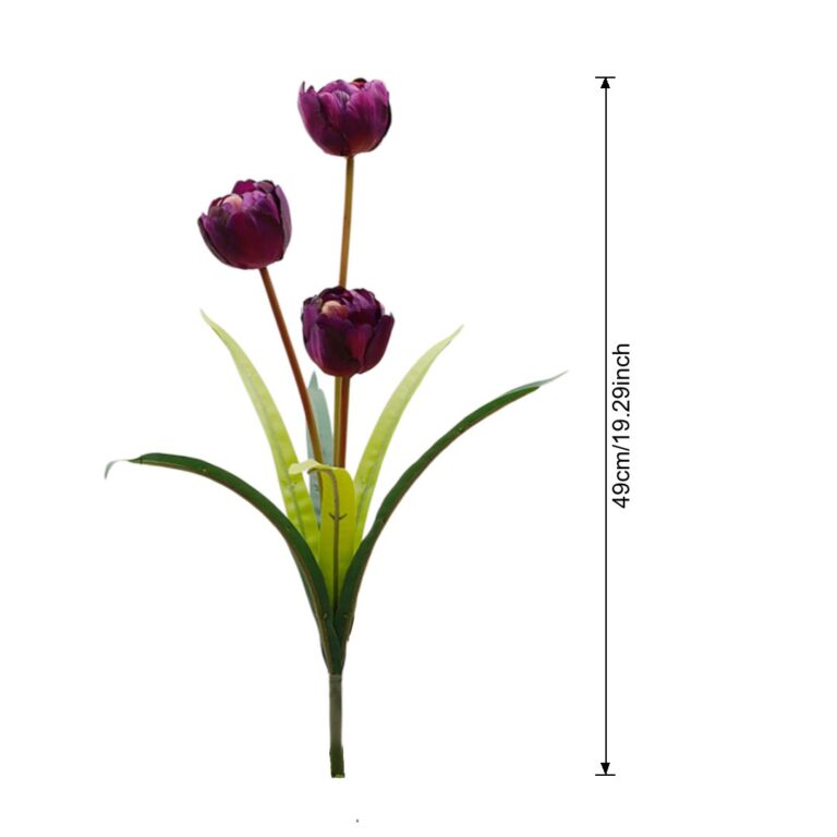 Artificial silk tulips of three heads in deep purple shades on green stems.