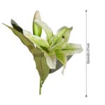 Artificial silk lily bouquet with green foliage; realistic fake white lilies for home decor.
