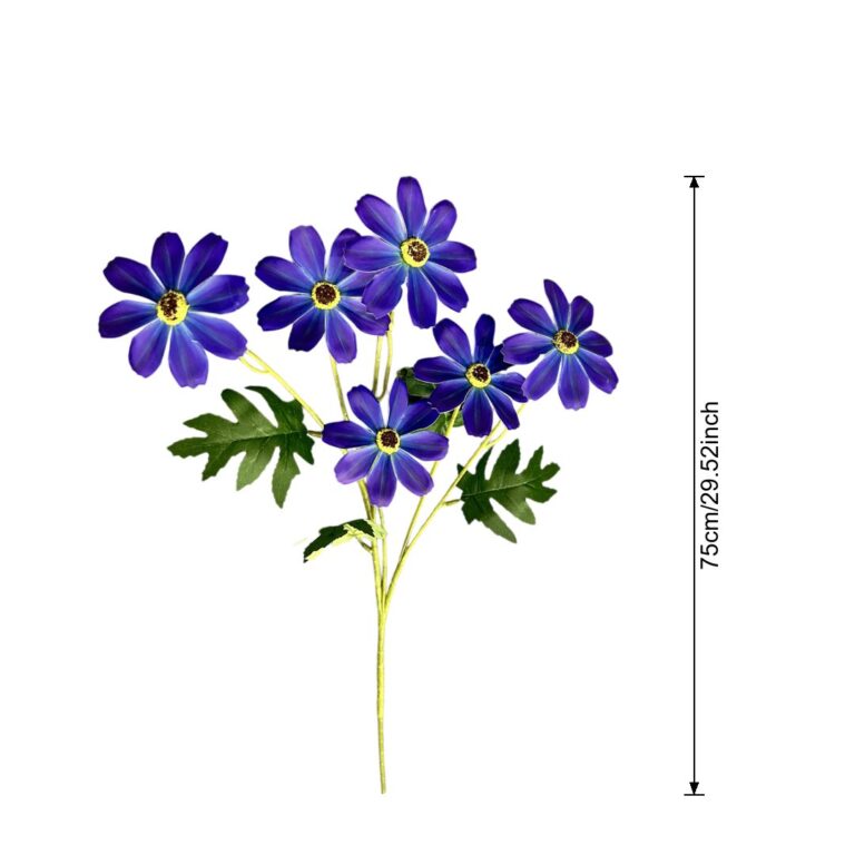 Artificial bouquet of six vibrant blue silk daisies with green foliage