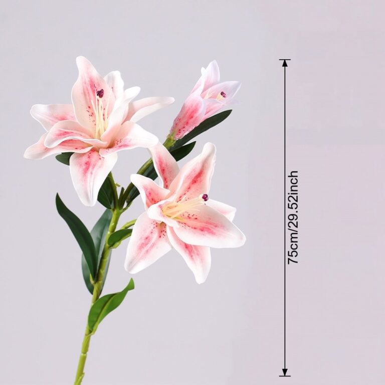 Artificial white and pink lily flowers bouquet on stem for home decoration.