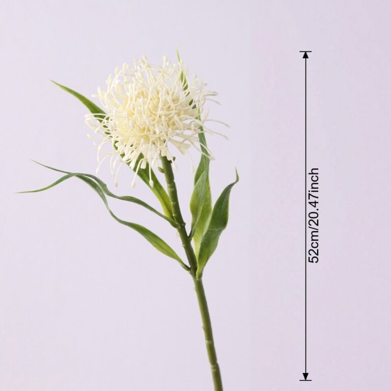 White artificial Pu-Pincushion flower branch for floral arrangements and home decor.
