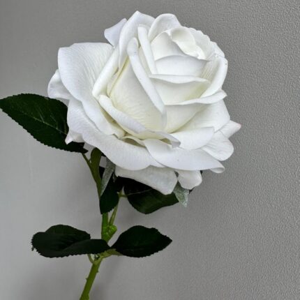 Realistic white rose flower on green stem, perfect for elegant home decor and arrangements.