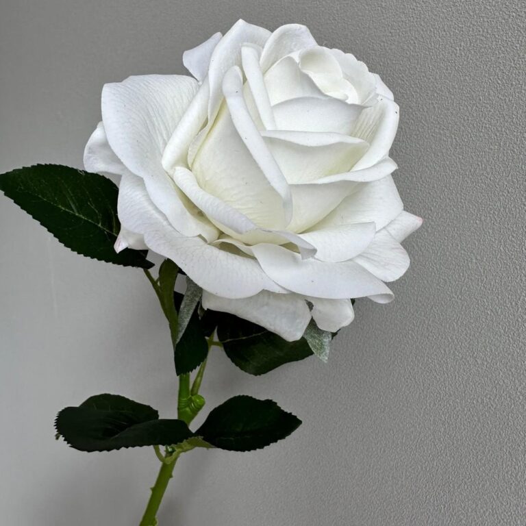 Realistic white rose flower on green stem, perfect for elegant home decor and arrangements.