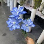 Three realistic blue clematis artificial flowers made of silk flower material.