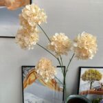 Artificial silk hydrangea bouquet with five cream flower heads for home decor.