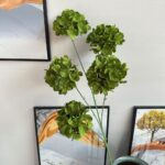 Artificial silk hydrangea bouquet featuring five vibrant green heads for lush home decor.
