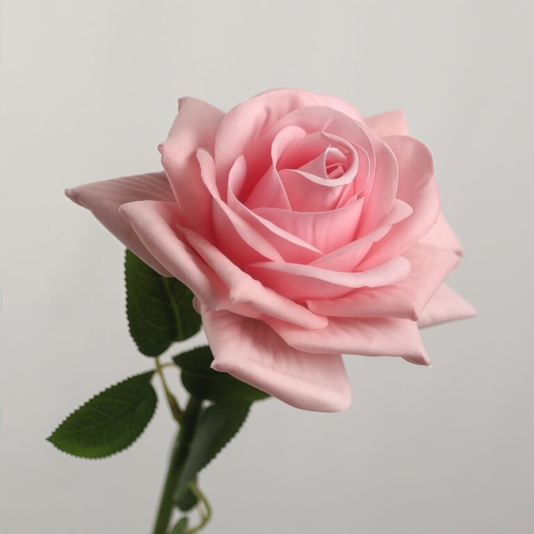 Single stem artificial soft pink rose flower with green leaves on a light neutral background