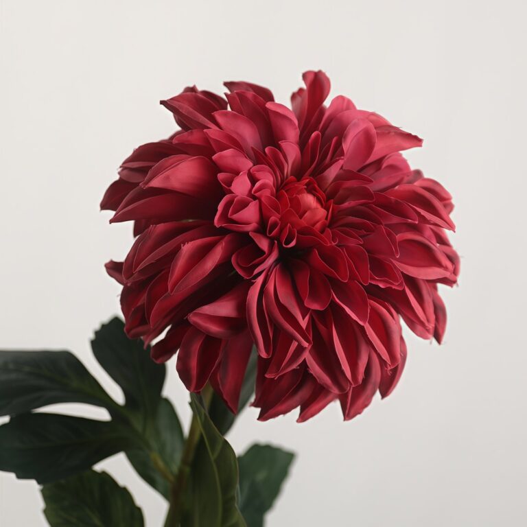 Close-up of a vibrant red 3D silk dahlia flower on a stem, perfect for artificial arrangements.
