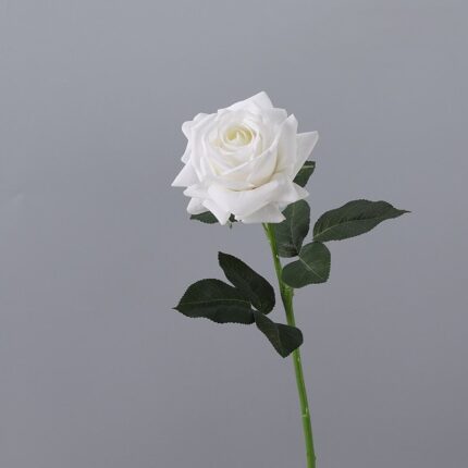 White artificial rose silk flower on a stem, perfect for realistic home decor.