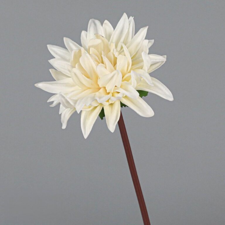 Realistic white artificial flower dahlia on stem; premium silk flower decor.