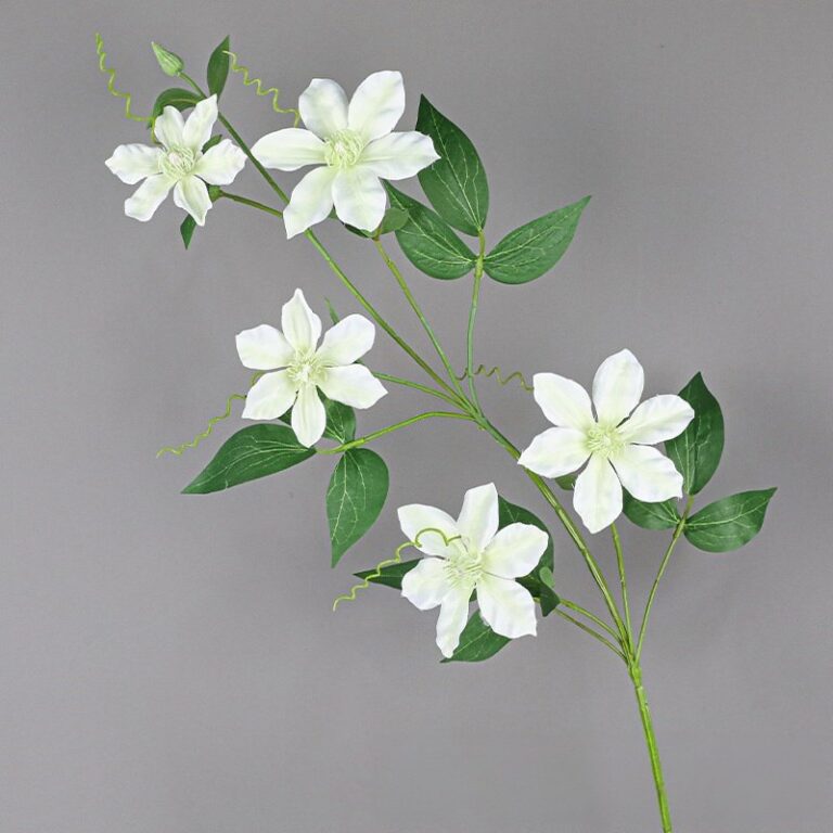 Artificial white clematis flowers arranged on stems, perfect silk flower decor.