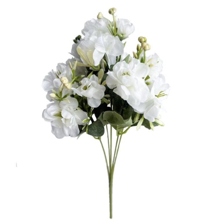 Bouquet of white artificial camellia silk flowers suitable for decoration.