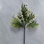 Flocked faux acacia branches featuring white fluffy blooms, perfect for spring decor accents.