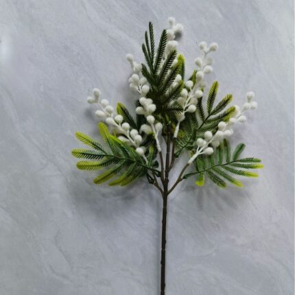 Flocked faux acacia branches featuring white fluffy blooms, perfect for spring decor accents.
