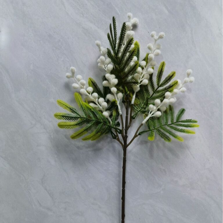 Flocked faux acacia branches featuring white fluffy blooms, perfect for spring decor accents.