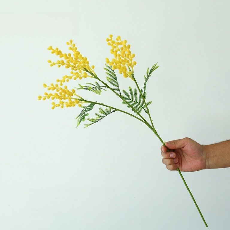 Yellow artificial flower bouquet featuring realistic acacia blossoms, perfect for durable home decor.