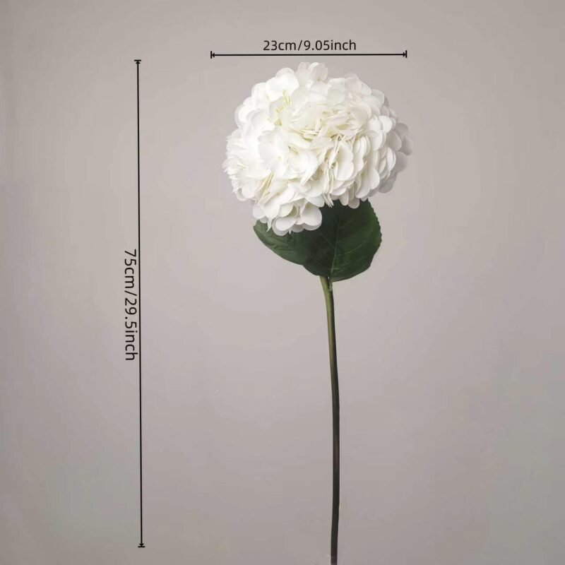 29.5 inch artificial white hydrangea flower stem with realistic bloom and green leaf