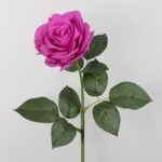 Realistic deep pink silk flower rose stem and leaves, an artificial floral decor item.
