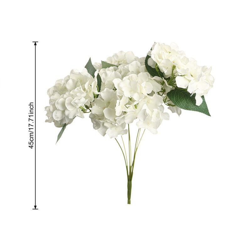 Artificial white silk hydrangea bouquet with 7 heads, perfect for home decor and arrangements.
