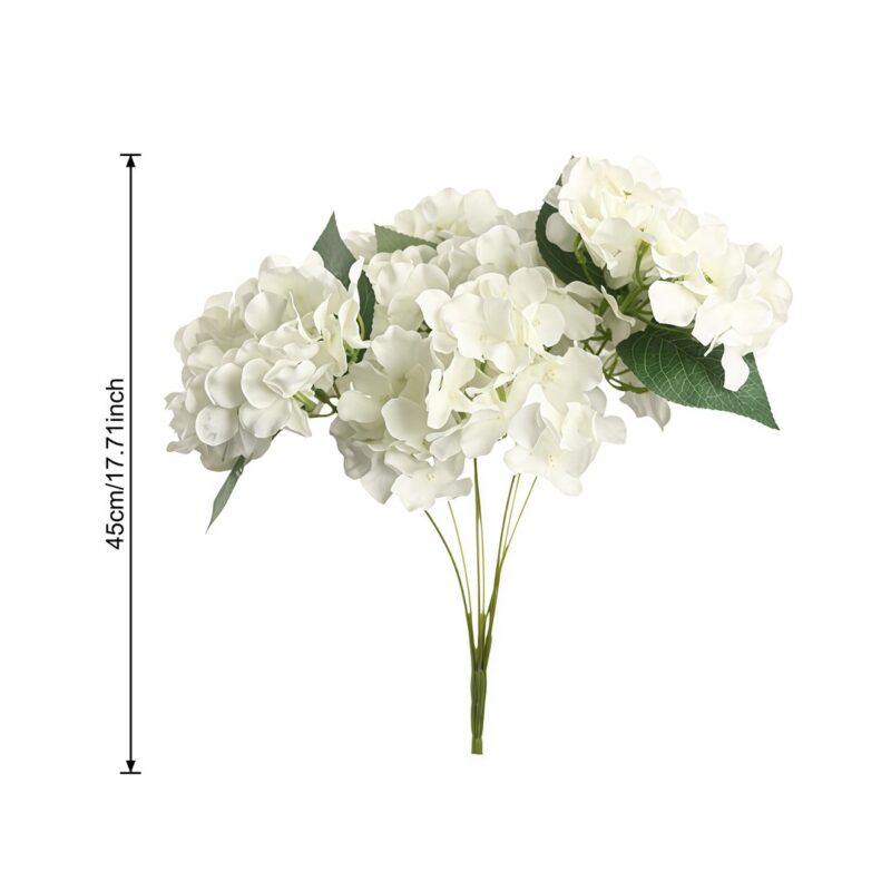 Artificial white silk hydrangea bouquet with 7 heads, perfect for home decor and arrangements.