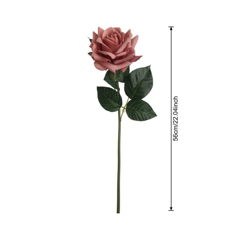 Realistic artificial pink rose stem with leaves for home decoration and bouquets.