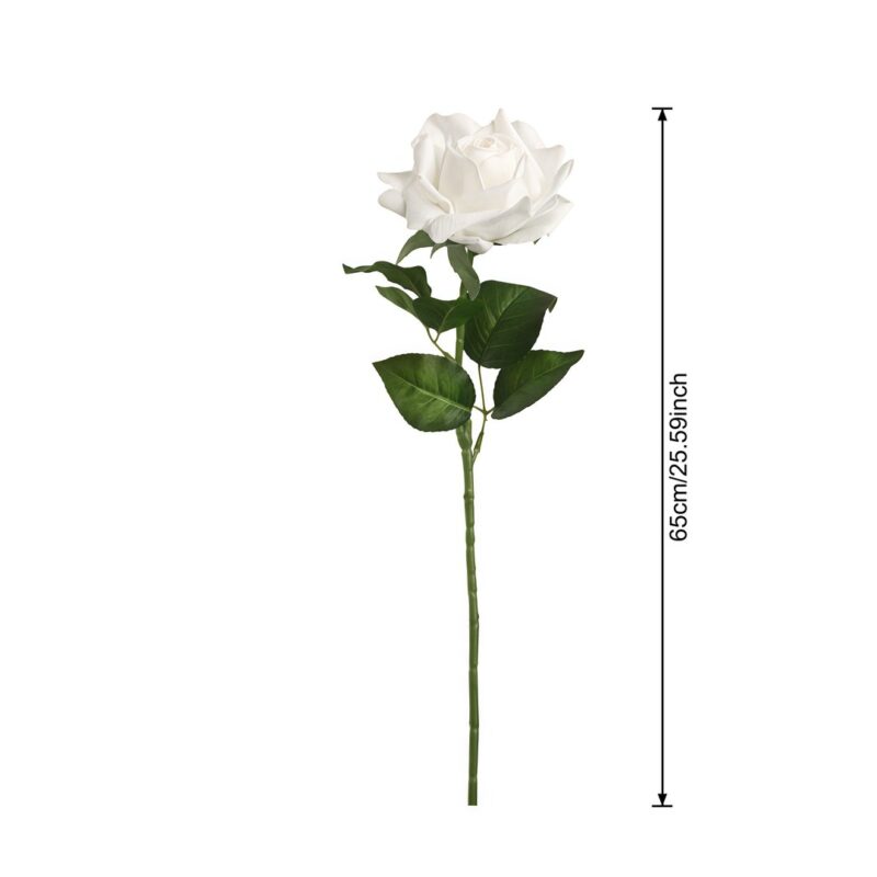 Artificial white rose on a long stem with leaves, perfect for home decor accents.