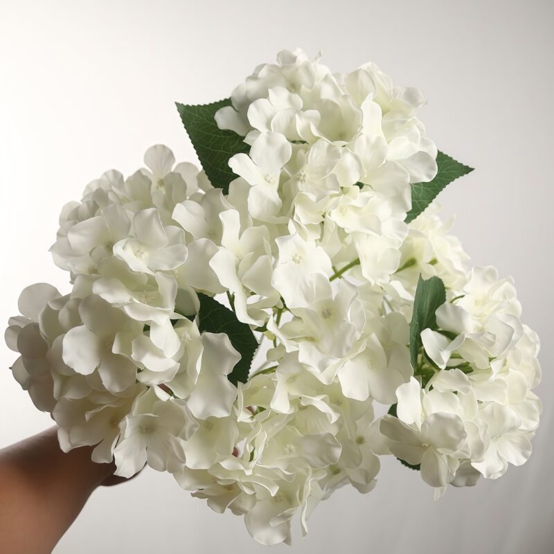 White silk hydrangea bouquet with 7 heads, providing everlasting, lush floral decor for home or event use.