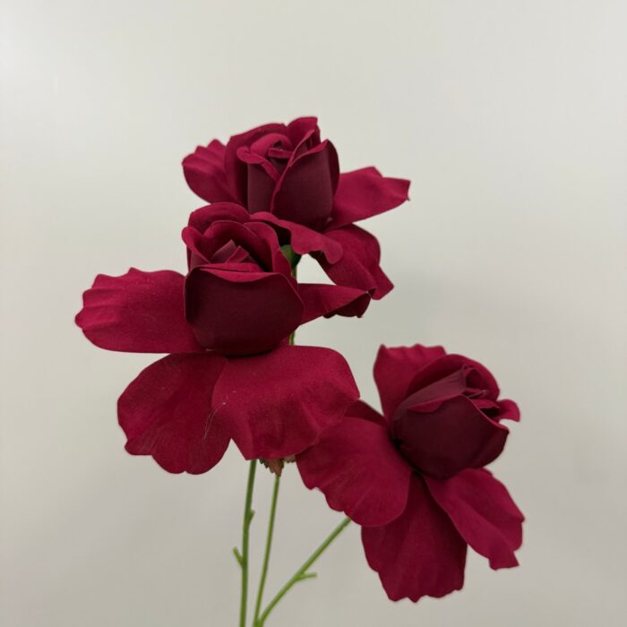 Dark Red Artificial Rose Spray 3-Head Stem Three deep red artificial rose heads on slender green stems against a plain white background.