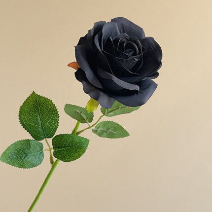 Realistic black silk artificial flower rose, suitable for faux wedding flowers and home decor.