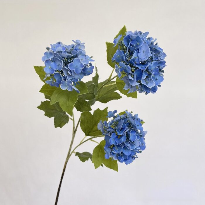 Three heads of blue artificial flower hydrangeas, perfect faux wedding flowers.