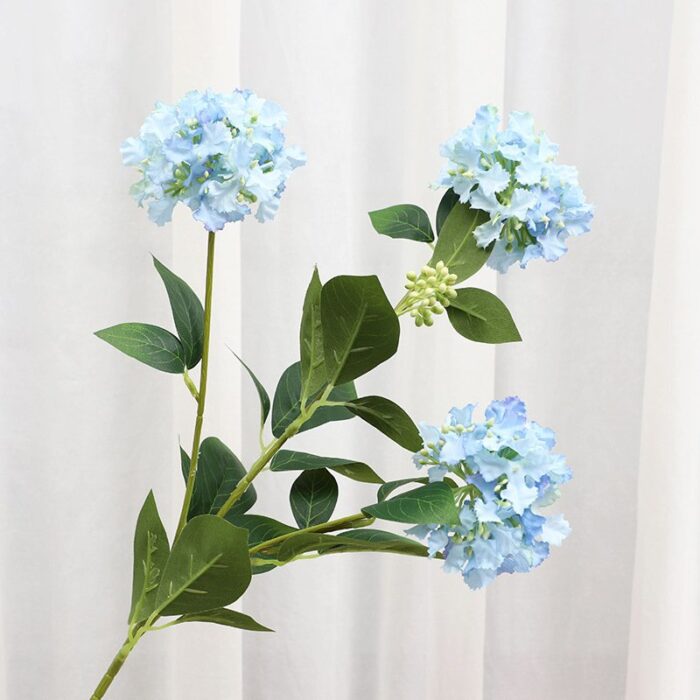 Blue and white crape myrtle arrangement, realistic artificial flower alternative for wedding decor.