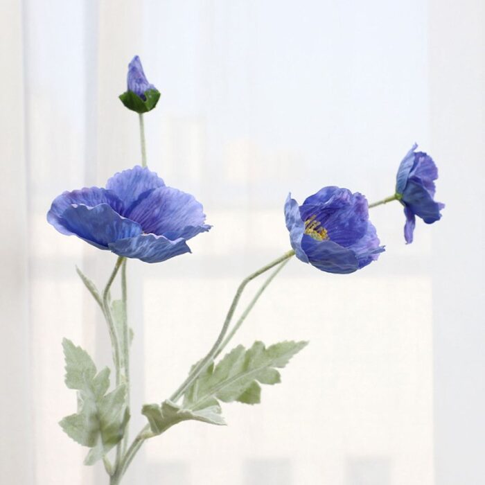 Blue and purple faux corn poppy bouquet, perfect for wedding decor and floral arrangements.