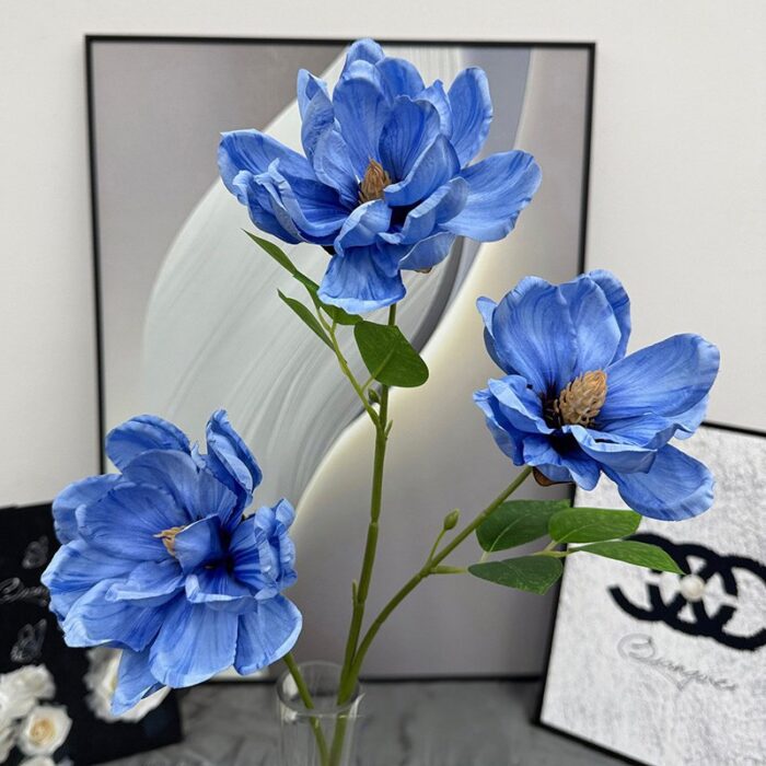Three blue silk magnolias, perfect realistic faux wedding flowers and artificial flower decor.