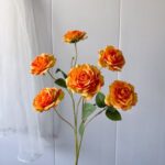 Six orange silk roses, realistic faux wedding flowers perfect for artificial decor