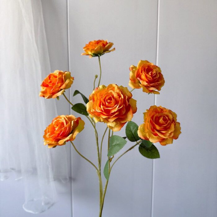 Six orange silk roses, realistic faux wedding flowers perfect for artificial decor