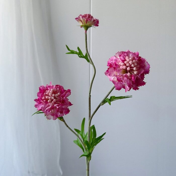 Three heads of pink silk scabiosa artificial flower, perfect for faux wedding floral arrangements.