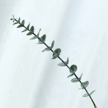 Realistic faux eucalyptus sprig, ideal for wedding bouquets and decor.