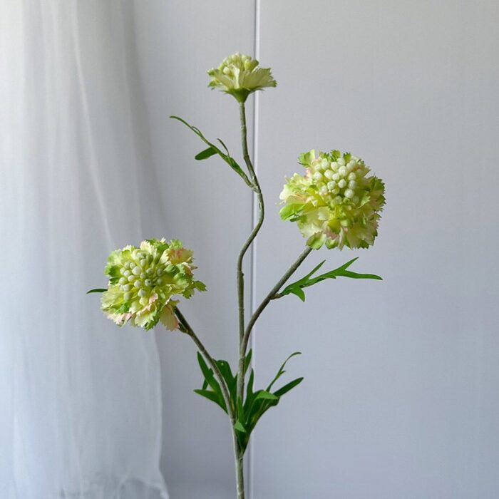 Cluster of realistic silk Scabiosa blooms, ideal for faux wedding flowers and centerpieces.
