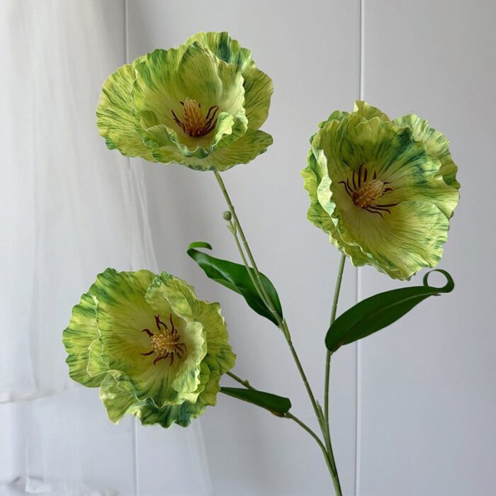 Three realistic silk poppy artificial flower heads, ideal for faux wedding flowers decor.