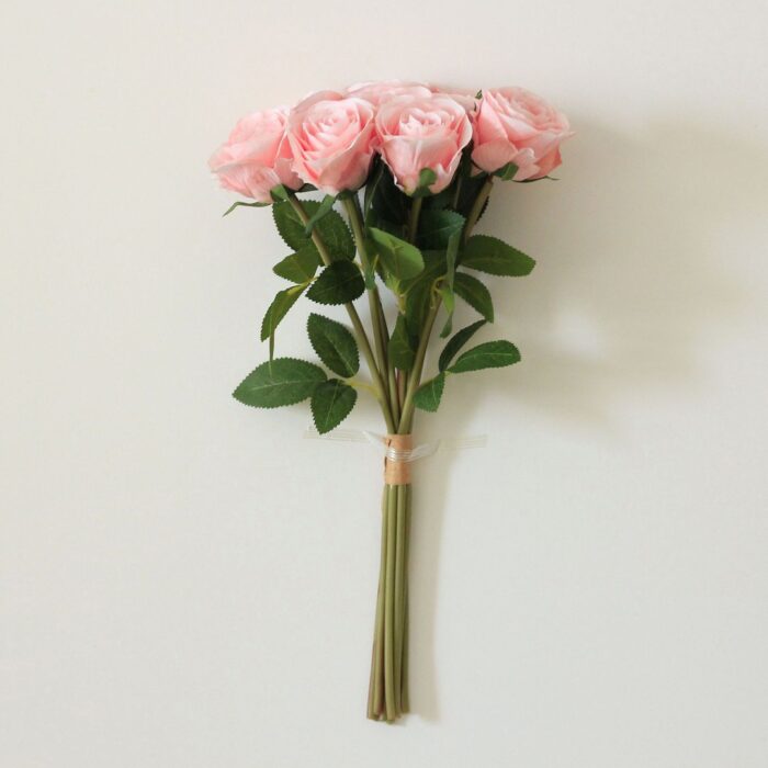 Bouquet of faux wedding flowers: 8 heads of pink silk roses, perfect artificial flower decor.
