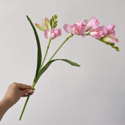 Pink silk freesia bouquet, an artificial flower perfect for faux wedding flowers decor.